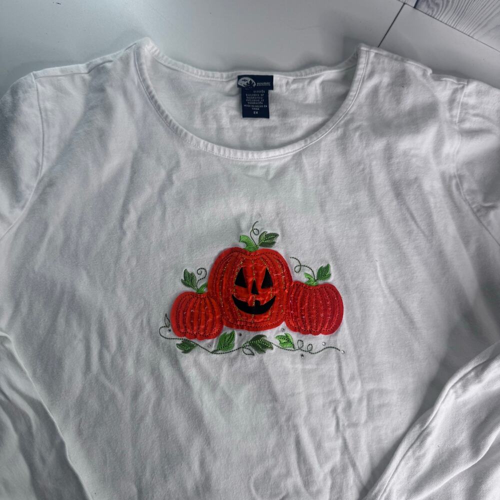 Vintage Diesel White Sleeve T-Shirt Embroidered Jack-o'-Lantern Pumpkins 2X